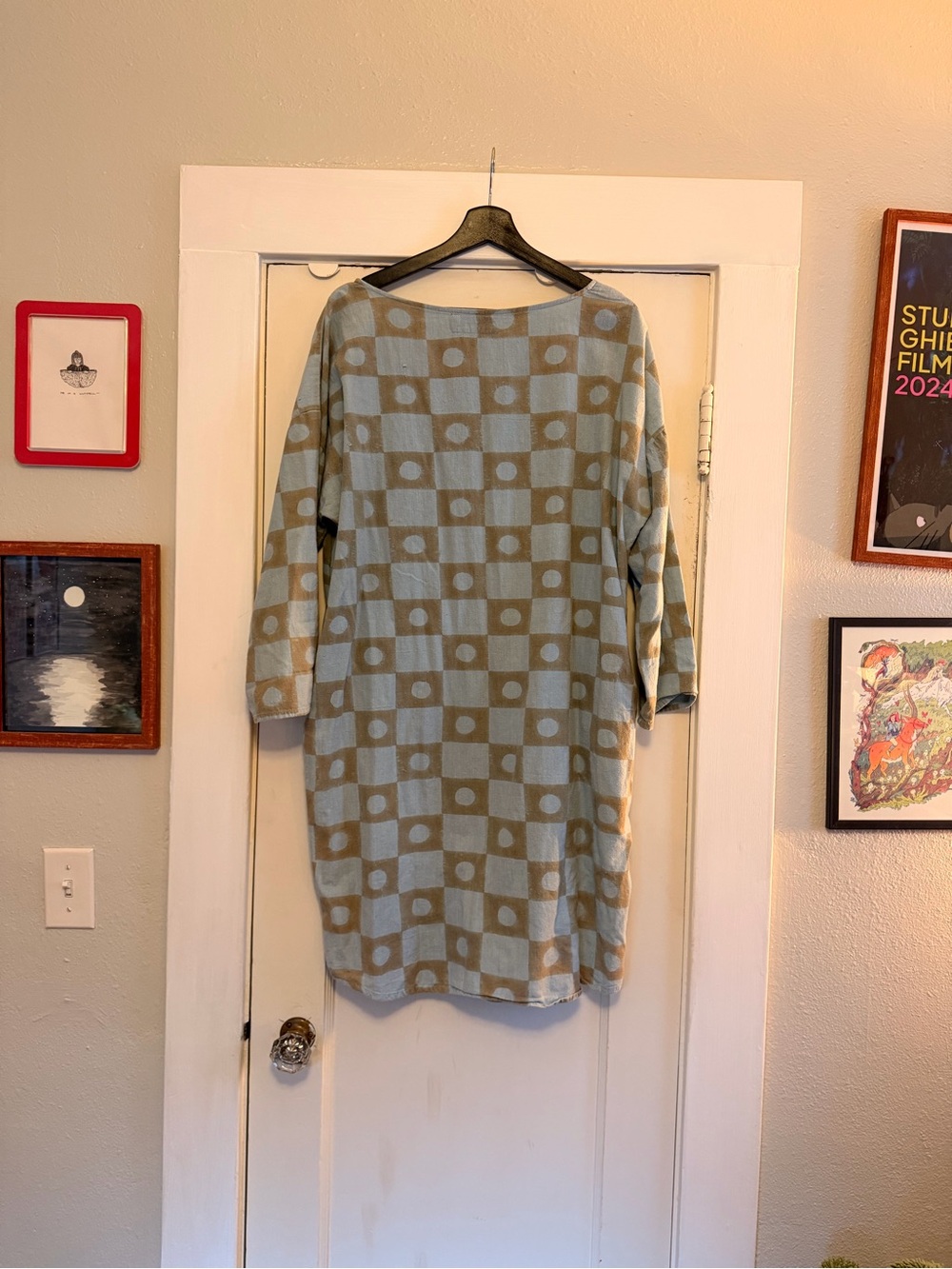 PO-EM Knee-length Dress in Light Blue and Olive Green, Small - Picture 2 of 4